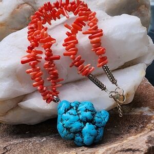 Natural Coral Necklace Blue Hawolite Pendant Silver Plated Clasp
